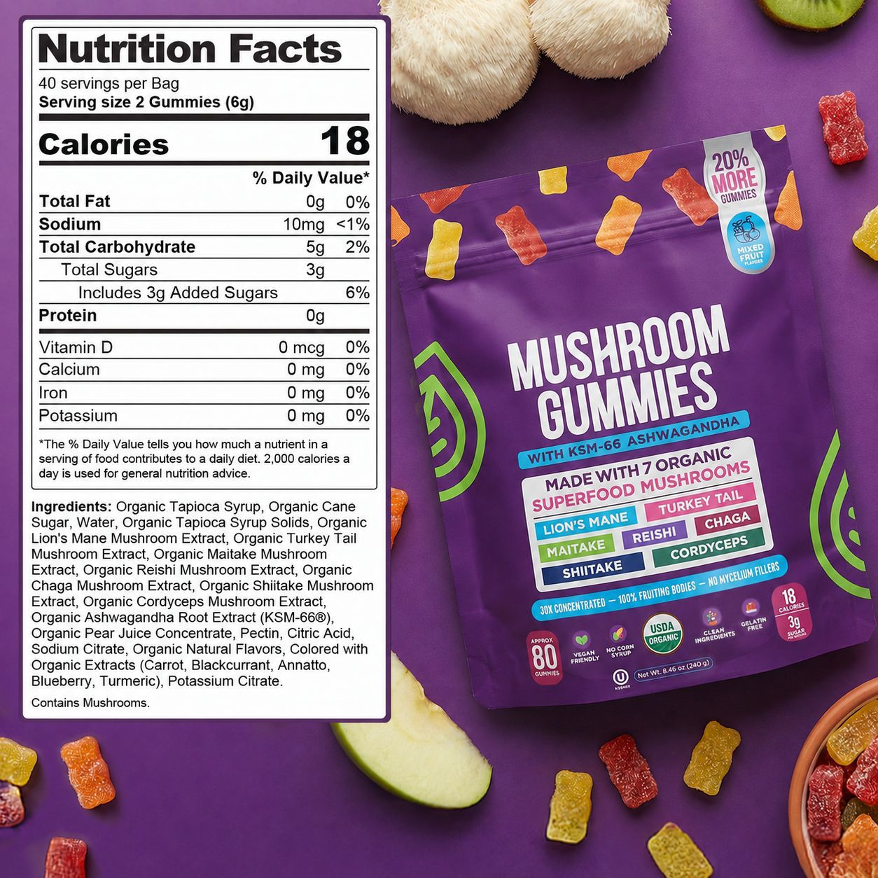 Lion's Mane Mushroom Coffee Gummies Sugar-Free Organic